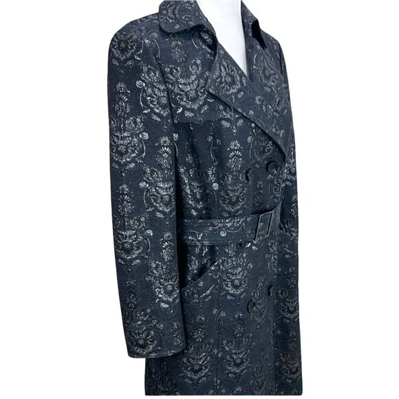 NWT W By Worth Small Navy & Silver Brocade Belted Long Trench Coat Jacket - Picture 6 of 10
